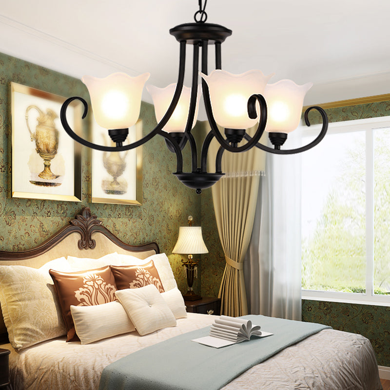 4/6/8 Bulbs Ceiling Lamp with Flared Shade Frosted Glass Traditional Bedroom Chandelier Pendant Light in Black 4 Black Clearhalo 'Ceiling Lights' 'Chandeliers' Lighting' options 335990_1ebe447e-af40-4487-b8fd-dbfc641b7374