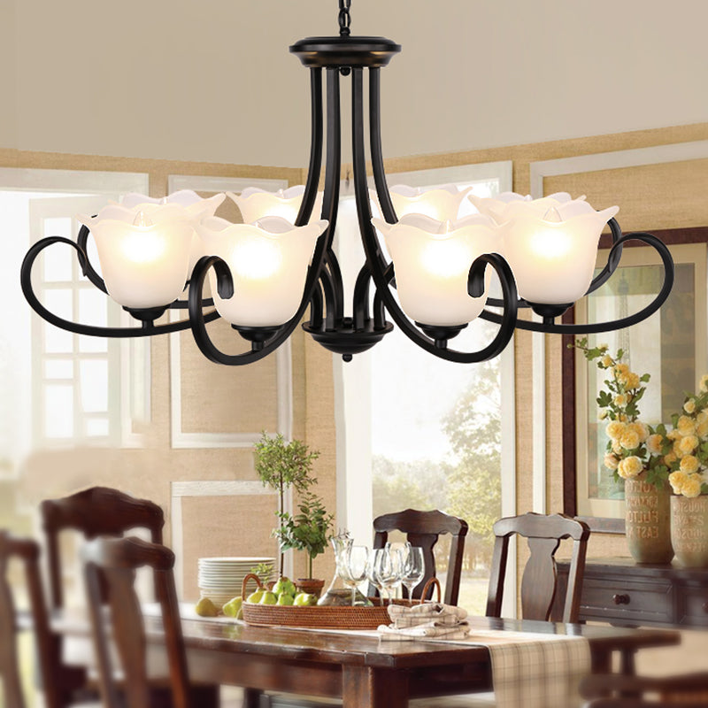 4/6/8 Bulbs Ceiling Lamp with Flared Shade Frosted Glass Traditional Bedroom Chandelier Pendant Light in Black 8 Black Clearhalo 'Ceiling Lights' 'Chandeliers' Lighting' options 335993_22c4b70f-42de-4eb1-85bc-e1090d42dcfb
