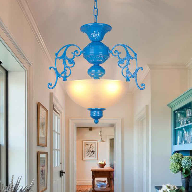 Blue Bowl Chandelier Lamp Classic Style Metal 3 Lights Living Room Hanging Light Clearhalo 'Ceiling Lights' 'Chandeliers' Lighting' options 335997