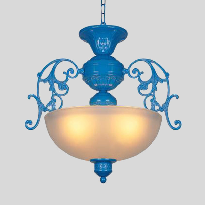 Blue Bowl Chandelier Lamp Classic Style Metal 3 Lights Living Room Hanging Light Clearhalo 'Ceiling Lights' 'Chandeliers' Lighting' options 335999