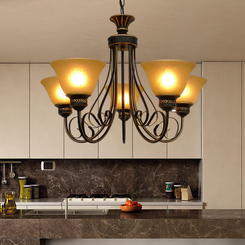 5 Lights Chandelier Light with Bell Shade Beige Frosted Glass Classic Bedroom Ceiling Lamp in Black Black Clearhalo 'Ceiling Lights' 'Chandeliers' Lighting' options 336018_a673ead7-226d-4617-8aaa-0a2184419406