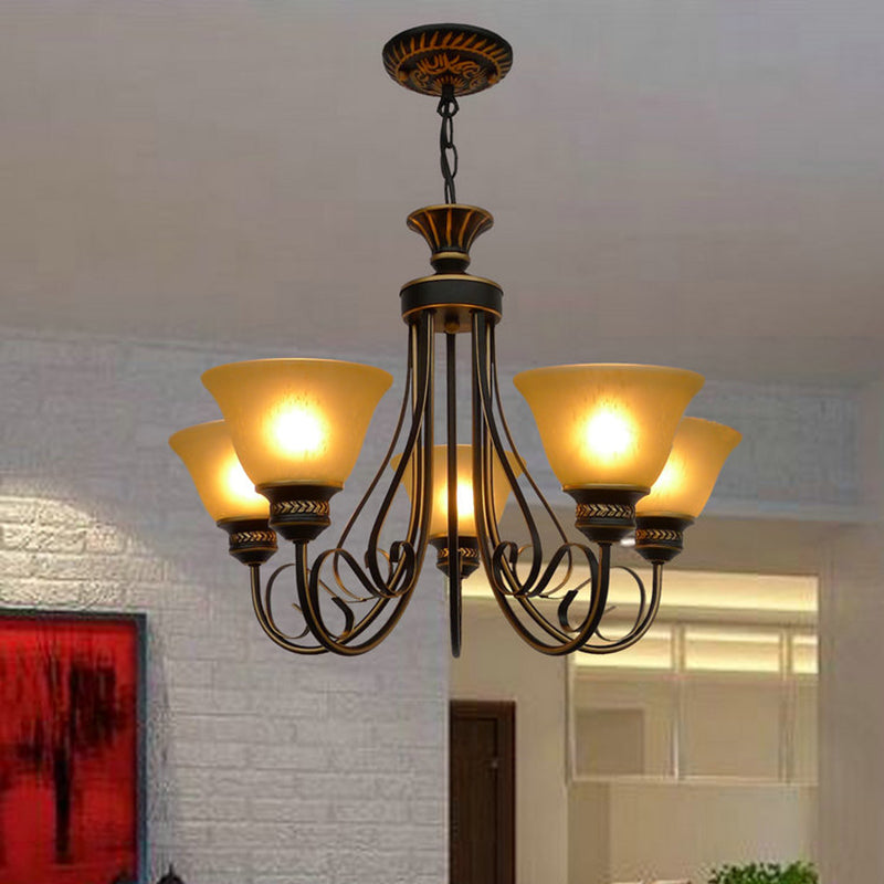 5 Lights Chandelier Light with Bell Shade Beige Frosted Glass Classic Bedroom Ceiling Lamp in Black Clearhalo 'Ceiling Lights' 'Chandeliers' Lighting' options 336019