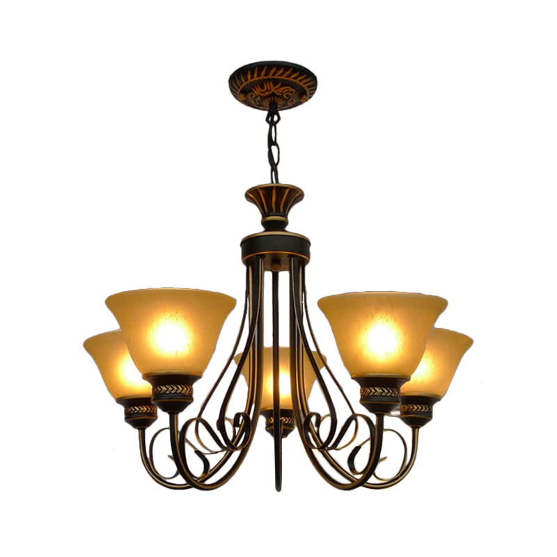 5 Lights Chandelier Light with Bell Shade Beige Frosted Glass Classic Bedroom Ceiling Lamp in Black Clearhalo 'Ceiling Lights' 'Chandeliers' Lighting' options 336020