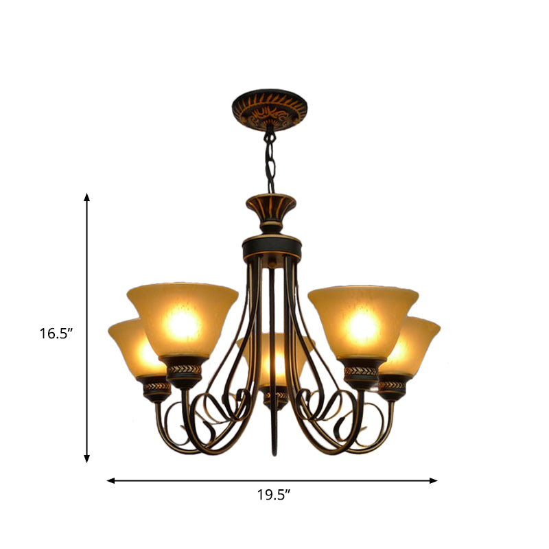 5 Lights Chandelier Light with Bell Shade Beige Frosted Glass Classic Bedroom Ceiling Lamp in Black Clearhalo 'Ceiling Lights' 'Chandeliers' Lighting' options 336022