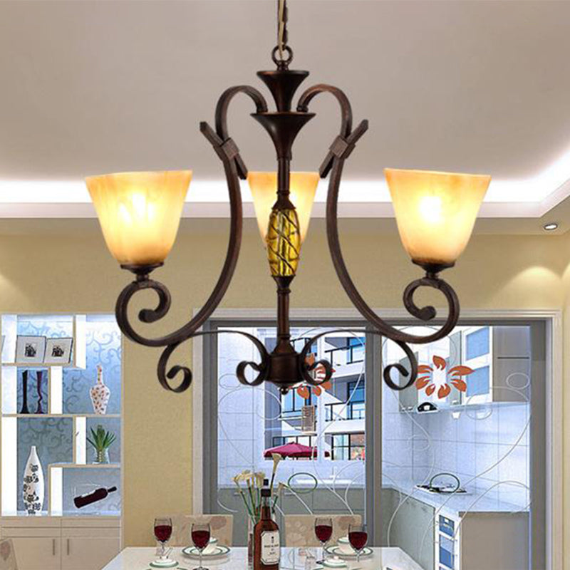 Bell Beige Frosted Glass Chandelier Light Traditional 3 Lights Dining Room Pendant Lighting in Rust Clearhalo 'Ceiling Lights' 'Chandeliers' Lighting' options 336024