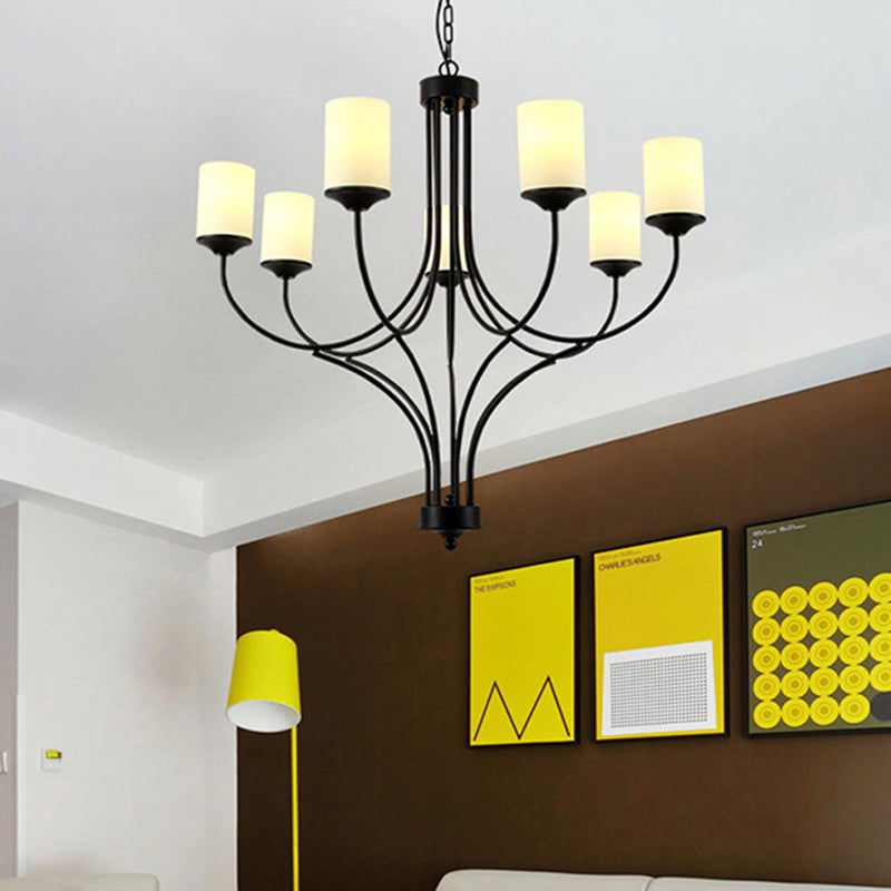 Cylinder Bedroom Pendant Chandelier Traditional Opal Glass 7 Lights Black Hanging Fixture Clearhalo 'Ceiling Lights' 'Chandeliers' Lighting' options 336028