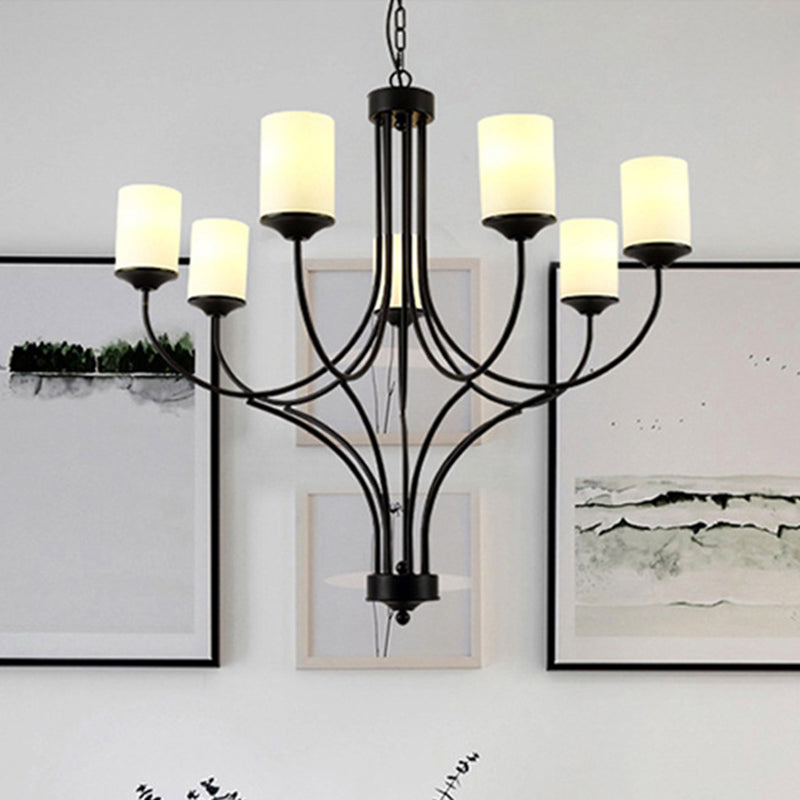 Cylinder Bedroom Pendant Chandelier Traditional Opal Glass 7 Lights Black Hanging Fixture Clearhalo 'Ceiling Lights' 'Chandeliers' Lighting' options 336029