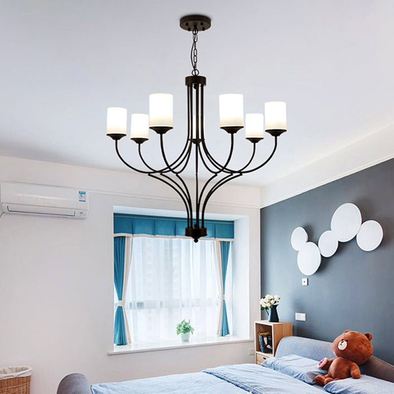 Cylinder Bedroom Pendant Chandelier Traditional Opal Glass 7 Lights Black Hanging Fixture Clearhalo 'Ceiling Lights' 'Chandeliers' Lighting' options 336030