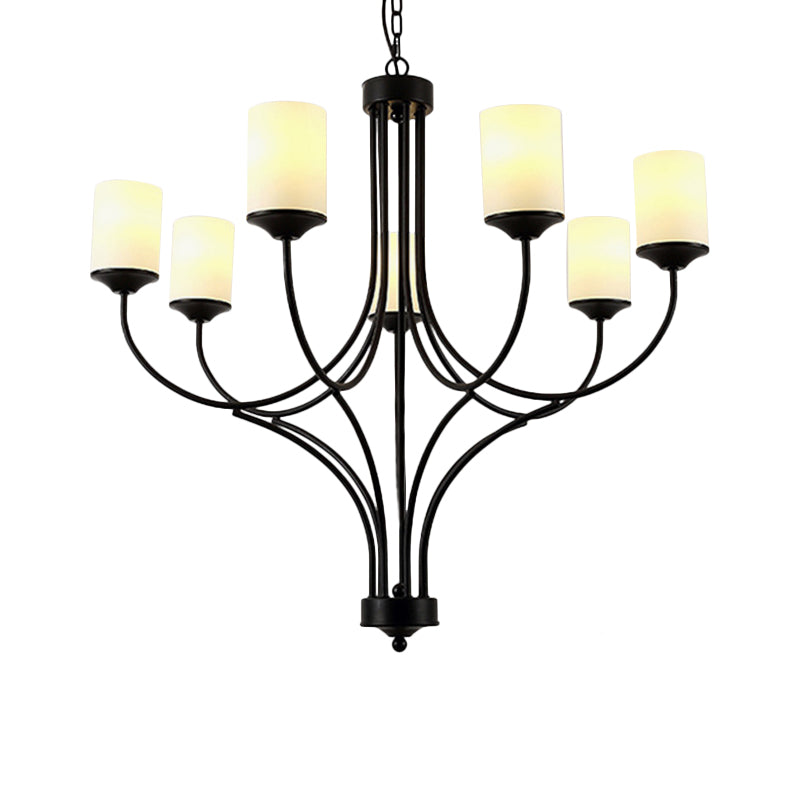 Cylinder Bedroom Pendant Chandelier Traditional Opal Glass 7 Lights Black Hanging Fixture Clearhalo 'Ceiling Lights' 'Chandeliers' Lighting' options 336031