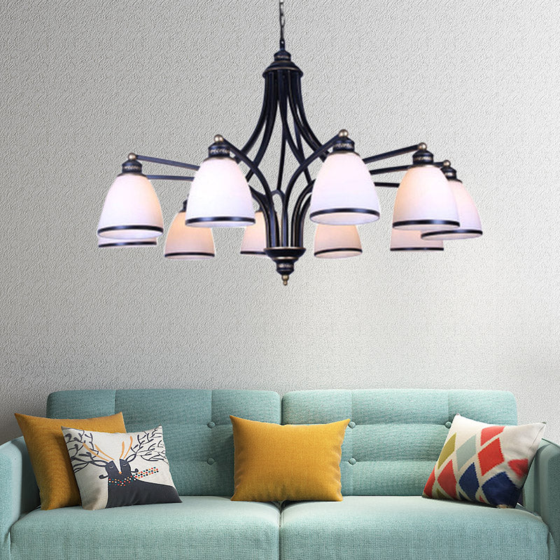 White Glass Black Pendant Lamp Tapered 10 Lights Traditional Chandelier Light Fixture for Living Room Clearhalo 'Ceiling Lights' 'Chandeliers' Lighting' options 336034