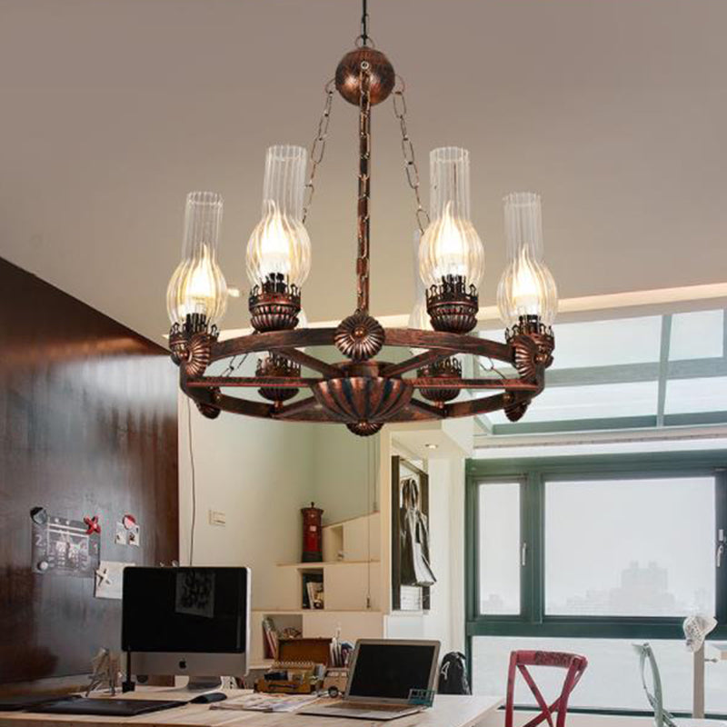 6 Bulbs Wagon Wheel Chandelier Light Traditional Clear Ribbed Glass Hanging Ceiling Fixture in Copper Clearhalo 'Ceiling Lights' 'Chandeliers' Lighting' options 336048