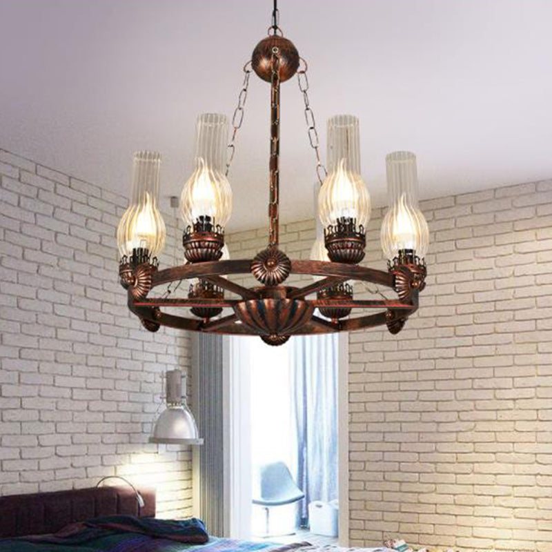 6 Bulbs Wagon Wheel Chandelier Light Traditional Clear Ribbed Glass Hanging Ceiling Fixture in Copper Clearhalo 'Ceiling Lights' 'Chandeliers' Lighting' options 336049