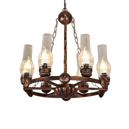 6 Bulbs Wagon Wheel Chandelier Light Traditional Clear Ribbed Glass Hanging Ceiling Fixture in Copper Clearhalo 'Ceiling Lights' 'Chandeliers' Lighting' options 336051