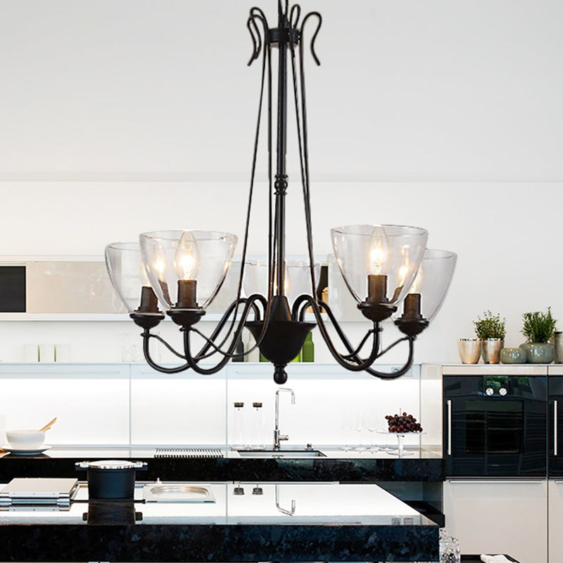 Black 3/5 Lights Pendant Chandelier Traditional Clear Glass Scroll Hanging Light with Cone Shade Clearhalo 'Ceiling Lights' 'Chandeliers' Lighting' options 336054