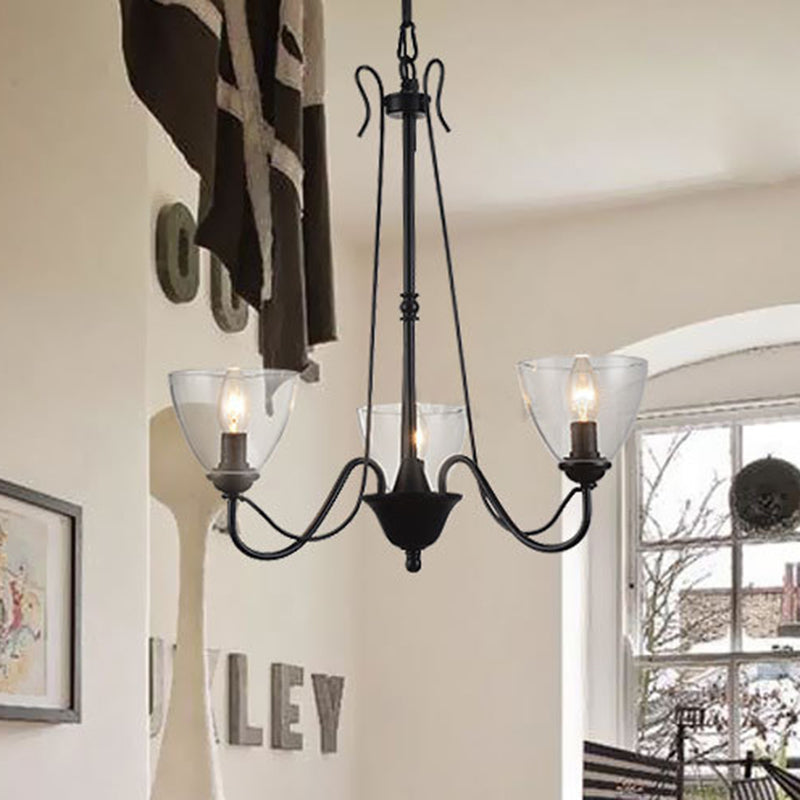 Black 3/5 Lights Pendant Chandelier Traditional Clear Glass Scroll Hanging Light with Cone Shade Clearhalo 'Ceiling Lights' 'Chandeliers' Lighting' options 336058