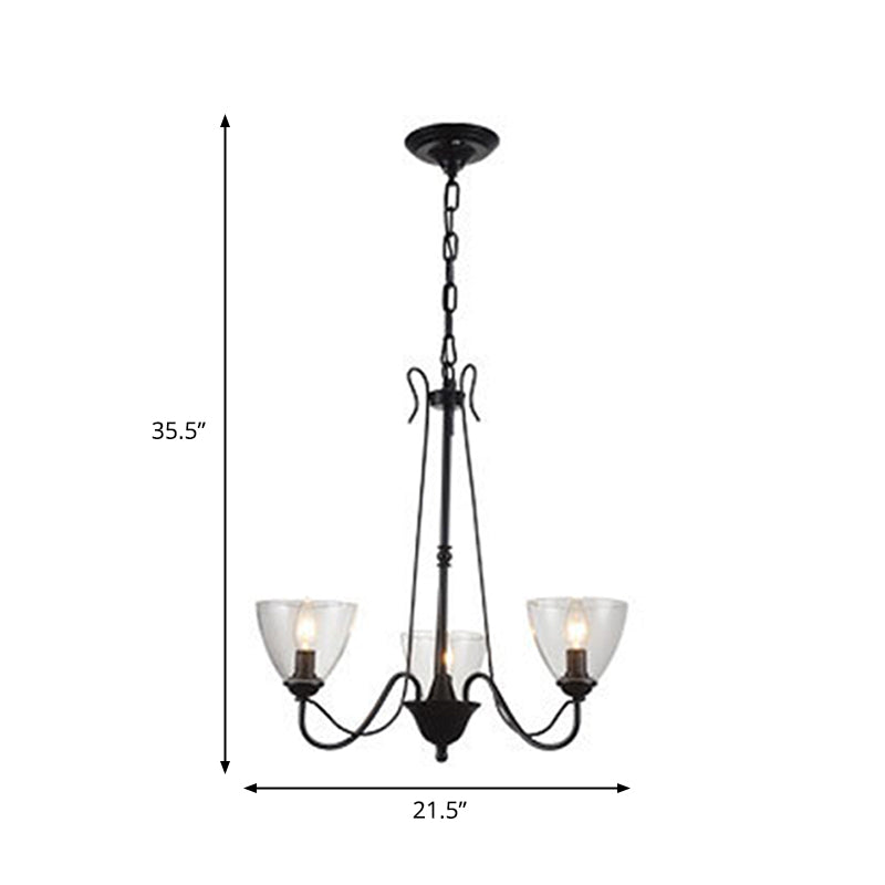 Black 3/5 Lights Pendant Chandelier Traditional Clear Glass Scroll Hanging Light with Cone Shade Clearhalo 'Ceiling Lights' 'Chandeliers' Lighting' options 336060