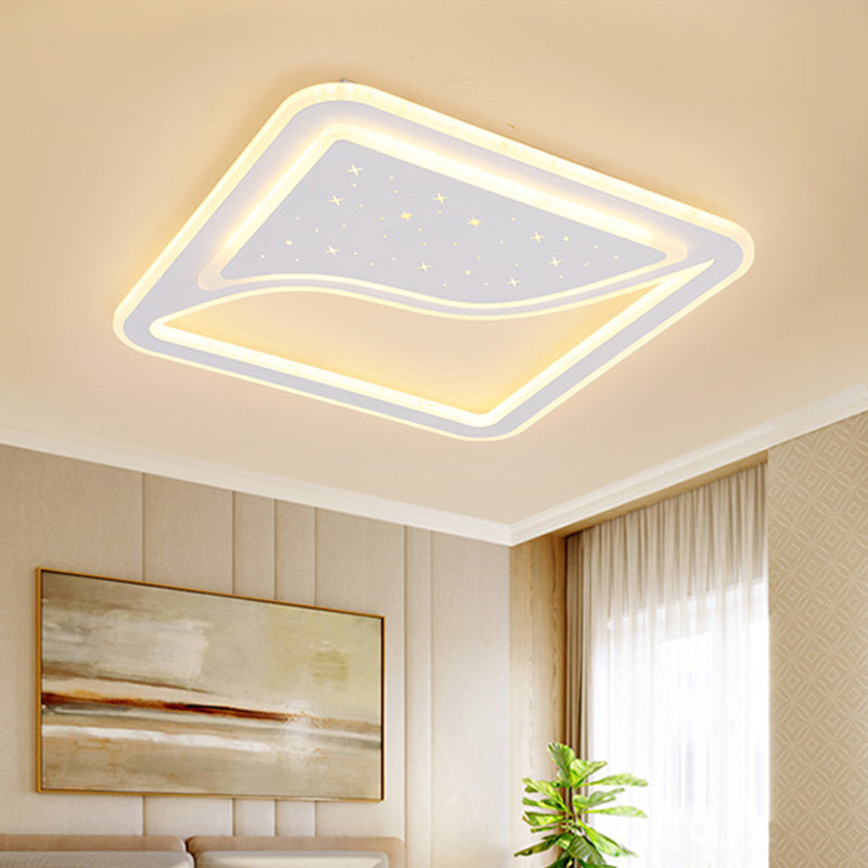 White Square/Rectangular LED Ceiling Lamp 19"/35.5" W Modernist Acrylic Curved Starry Sky Design Flush Lighting, Warm/White Light White 19" Clearhalo 'Ceiling Lights' 'Close To Ceiling Lights' 'Close to ceiling' 'Flush mount' Lighting' 336843