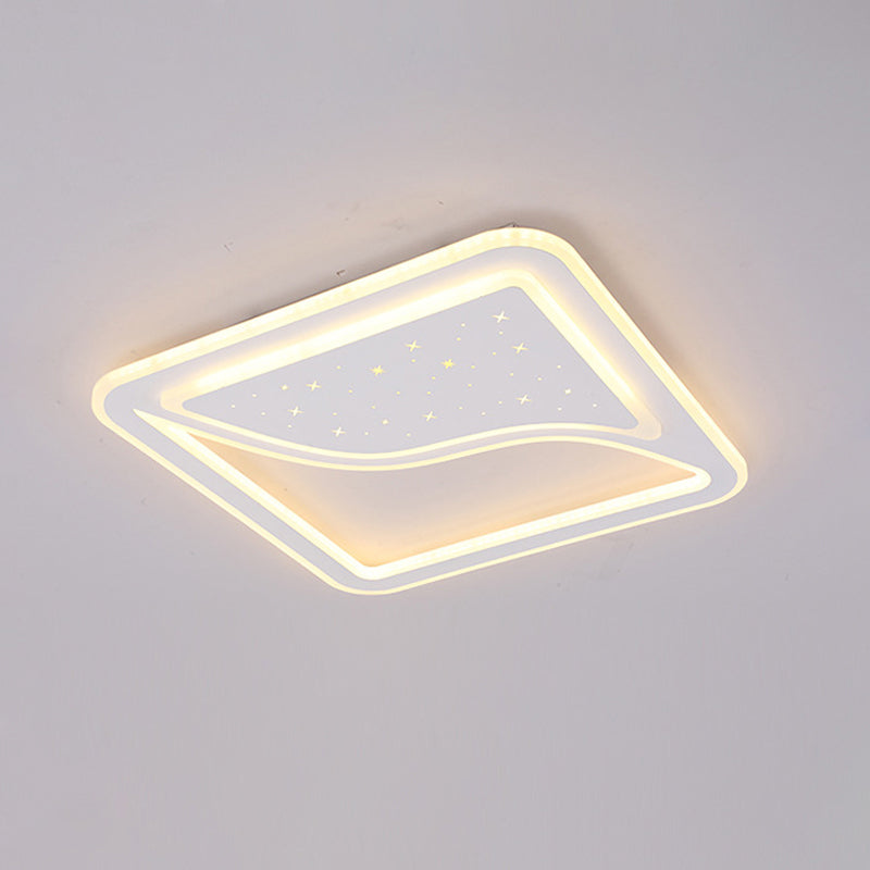 White Square/Rectangular LED Ceiling Lamp 19"/35.5" W Modernist Acrylic Curved Starry Sky Design Flush Lighting, Warm/White Light Clearhalo 'Ceiling Lights' 'Close To Ceiling Lights' 'Close to ceiling' 'Flush mount' Lighting' 336844