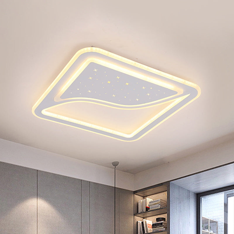 White Square/Rectangular LED Ceiling Lamp 19"/35.5" W Modernist Acrylic Curved Starry Sky Design Flush Lighting, Warm/White Light Clearhalo 'Ceiling Lights' 'Close To Ceiling Lights' 'Close to ceiling' 'Flush mount' Lighting' 336845