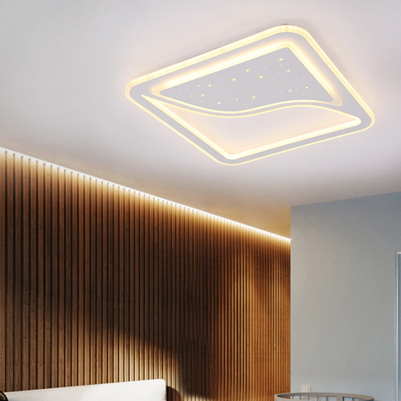 White Square/Rectangular LED Ceiling Lamp 19"/35.5" W Modernist Acrylic Curved Starry Sky Design Flush Lighting, Warm/White Light Clearhalo 'Ceiling Lights' 'Close To Ceiling Lights' 'Close to ceiling' 'Flush mount' Lighting' 336846