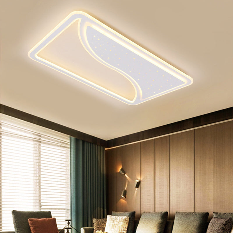 White Square/Rectangular LED Ceiling Lamp 19"/35.5" W Modernist Acrylic Curved Starry Sky Design Flush Lighting, Warm/White Light Clearhalo 'Ceiling Lights' 'Close To Ceiling Lights' 'Close to ceiling' 'Flush mount' Lighting' 336851