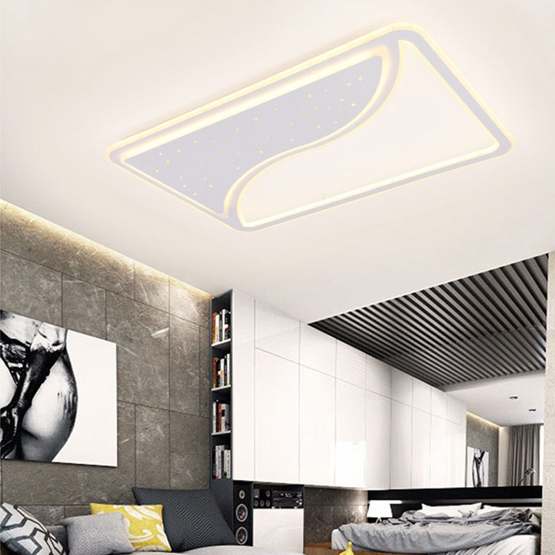 White Square/Rectangular LED Ceiling Lamp 19"/35.5" W Modernist Acrylic Curved Starry Sky Design Flush Lighting, Warm/White Light White 35.5" White Clearhalo 'Ceiling Lights' 'Close To Ceiling Lights' 'Close to ceiling' 'Flush mount' Lighting' 336852