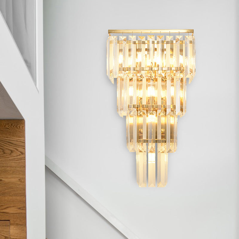 4/7 Heads Wall Light Sconce Traditional Living Room Wall Lighting Fixture with Layered Crystal Block Shade in Gold 7.0 Gold Clearhalo 'Wall Lamps & Sconces' 'Wall Lights' Lighting' 337330