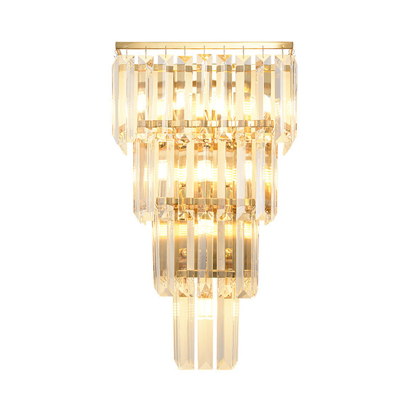 4/7 Heads Wall Light Sconce Traditional Living Room Wall Lighting Fixture with Layered Crystal Block Shade in Gold Clearhalo 'Wall Lamps & Sconces' 'Wall Lights' Lighting' 337333