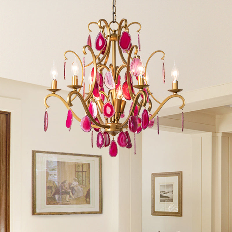 Metal Candelabra Ceiling Chandelier Rural 5/9/12 Lights Dining Room Hanging Pendant Light in Red/Blue/Rose Red Clearhalo 'Ceiling Lights' 'Chandeliers' Lighting' options 337339