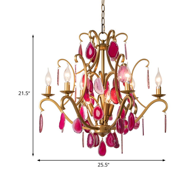 Metal Candelabra Ceiling Chandelier Rural 5/9/12 Lights Dining Room Hanging Pendant Light in Red/Blue/Rose Red Clearhalo 'Ceiling Lights' 'Chandeliers' Lighting' options 337343