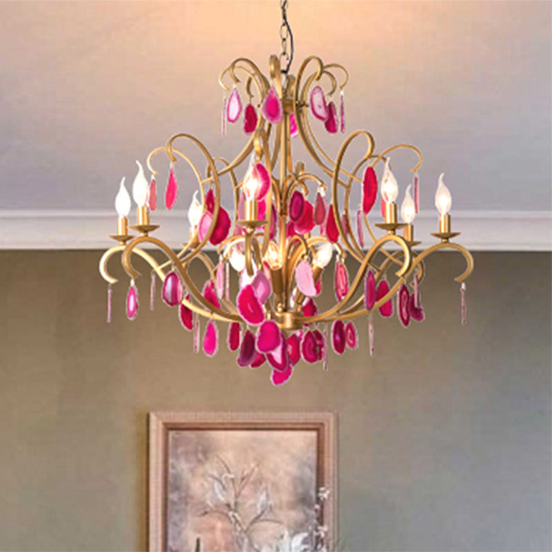 Metal Candelabra Ceiling Chandelier Rural 5/9/12 Lights Dining Room Hanging Pendant Light in Red/Blue/Rose Red Clearhalo 'Ceiling Lights' 'Chandeliers' Lighting' options 337344