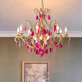 Metal Candelabra Ceiling Chandelier Rural 5/9/12 Lights Dining Room Hanging Pendant Light in Red/Blue/Rose Red Clearhalo 'Ceiling Lights' 'Chandeliers' Lighting' options 337344