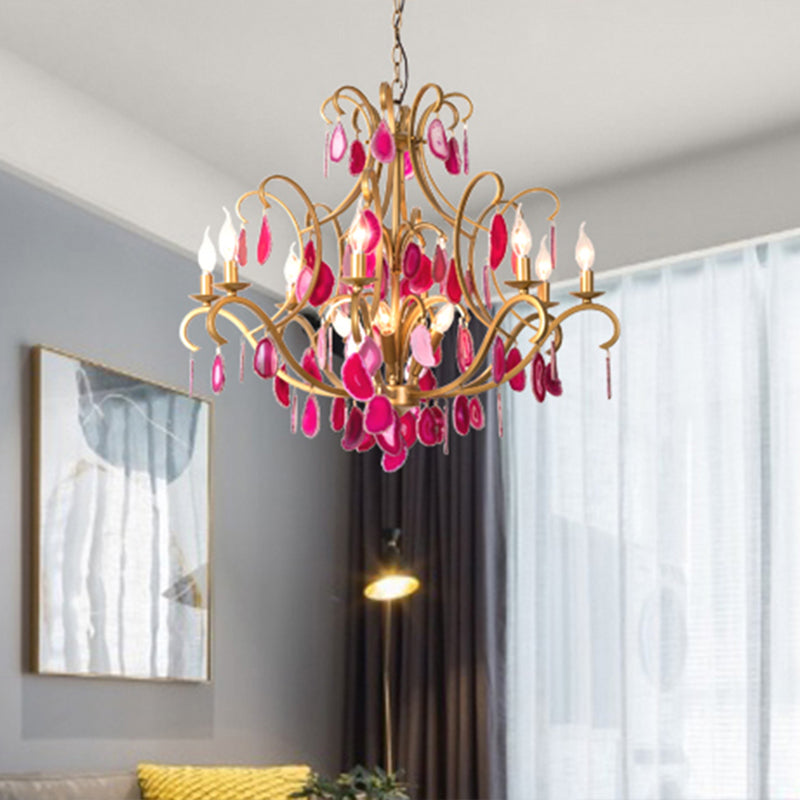 Metal Candelabra Ceiling Chandelier Rural 5/9/12 Lights Dining Room Hanging Pendant Light in Red/Blue/Rose Red Clearhalo 'Ceiling Lights' 'Chandeliers' Lighting' options 337345