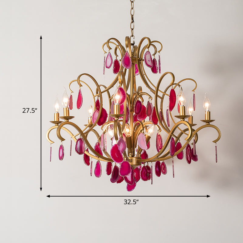 Metal Candelabra Ceiling Chandelier Rural 5/9/12 Lights Dining Room Hanging Pendant Light in Red/Blue/Rose Red Clearhalo 'Ceiling Lights' 'Chandeliers' Lighting' options 337347