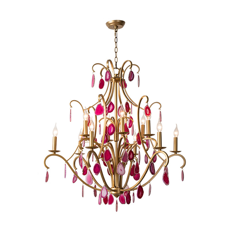 Metal Candelabra Ceiling Chandelier Rural 5/9/12 Lights Dining Room Hanging Pendant Light in Red/Blue/Rose Red Clearhalo 'Ceiling Lights' 'Chandeliers' Lighting' options 337348