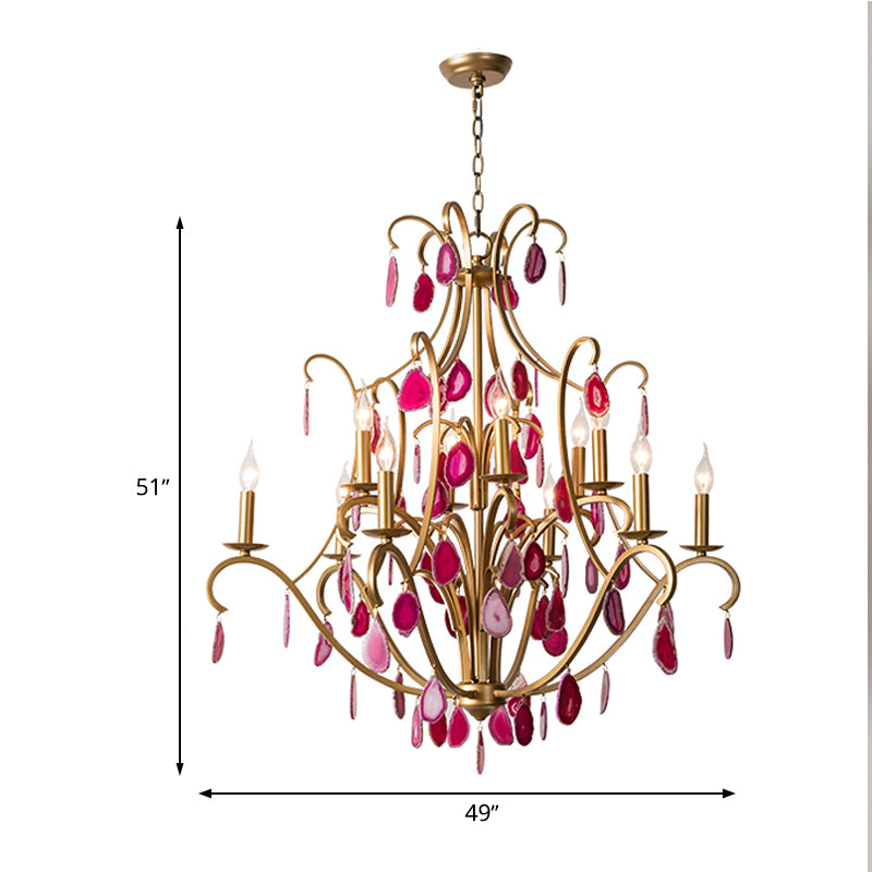 Metal Candelabra Ceiling Chandelier Rural 5/9/12 Lights Dining Room Hanging Pendant Light in Red/Blue/Rose Red Clearhalo 'Ceiling Lights' 'Chandeliers' Lighting' options 337349