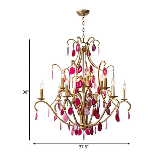 Metal Candelabra Ceiling Chandelier Rural 5/9/12 Lights Dining Room Hanging Pendant Light in Red/Blue/Rose Red Clearhalo 'Ceiling Lights' 'Chandeliers' Lighting' options 337351