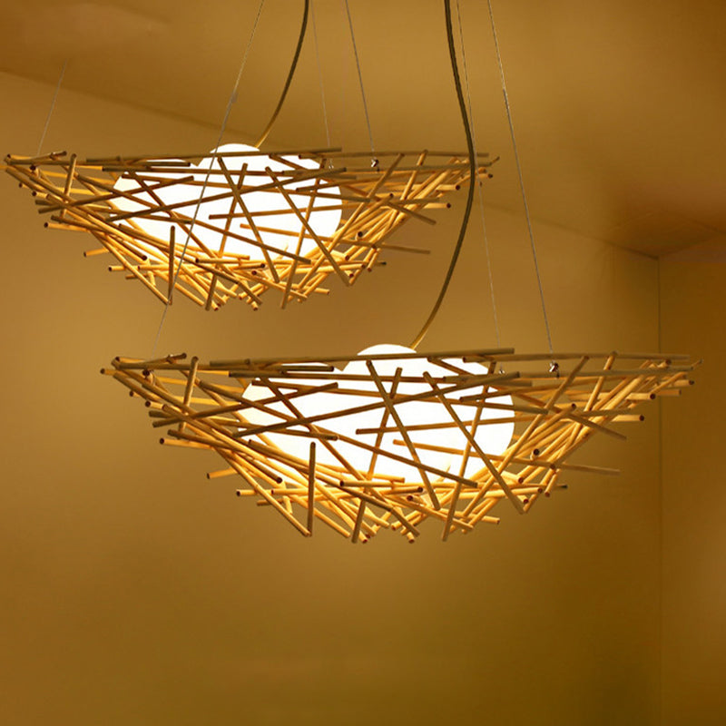 Birdnest Suspension Pendant Contemporary Wood 1 Bulb Beige Hanging Light Kit, 16.5"/24.5" Wide Clearhalo 'Ceiling Lights' 'Chandeliers' Lighting' options 337362