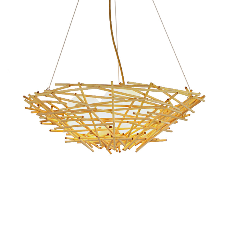 Birdnest Suspension Pendant Contemporary Wood 1 Bulb Beige Hanging Light Kit, 16.5"/24.5" Wide Clearhalo 'Ceiling Lights' 'Chandeliers' Lighting' options 337364