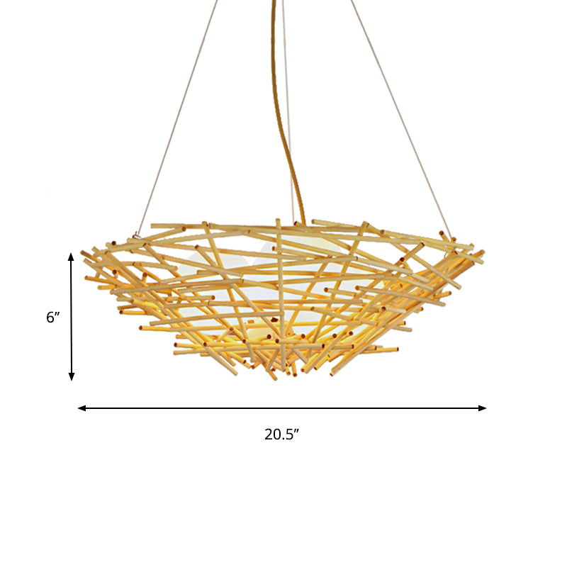 Birdnest Suspension Pendant Contemporary Wood 1 Bulb Beige Hanging Light Kit, 16.5"/24.5" Wide Clearhalo 'Ceiling Lights' 'Chandeliers' Lighting' options 337366