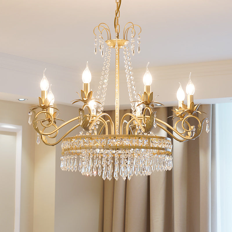 Curved Arm Crystal Chandelier Lamp Countryside 4/8 Lights Living Room Drop Pendant in Gold Clearhalo 'Ceiling Lights' 'Chandeliers' Lighting' options 337376