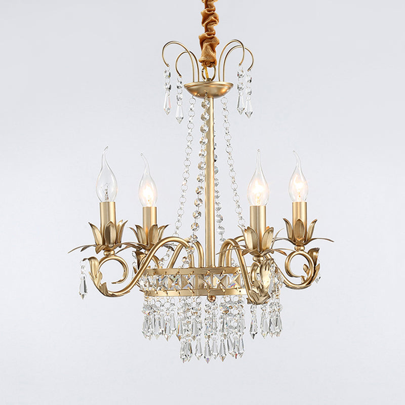 Curved Arm Crystal Chandelier Lamp Countryside 4/8 Lights Living Room Drop Pendant in Gold Clearhalo 'Ceiling Lights' 'Chandeliers' Lighting' options 337380