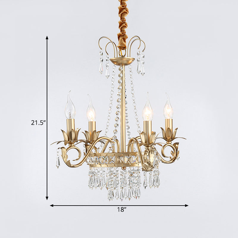 Curved Arm Crystal Chandelier Lamp Countryside 4/8 Lights Living Room Drop Pendant in Gold Clearhalo 'Ceiling Lights' 'Chandeliers' Lighting' options 337381