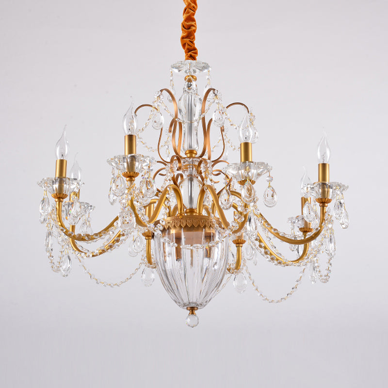 Gold Candlestick Hanging Chandelier Rural Crystal 6/8 Lights Bedroom Suspension Lighting Clearhalo 'Ceiling Lights' 'Chandeliers' Lighting' options 337390