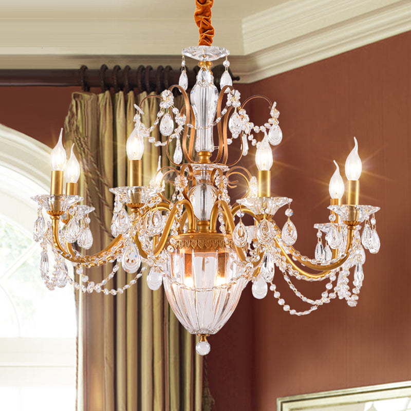 Gold Candlestick Hanging Chandelier Rural Crystal 6/8 Lights Bedroom Suspension Lighting Clearhalo 'Ceiling Lights' 'Chandeliers' Lighting' options 337392