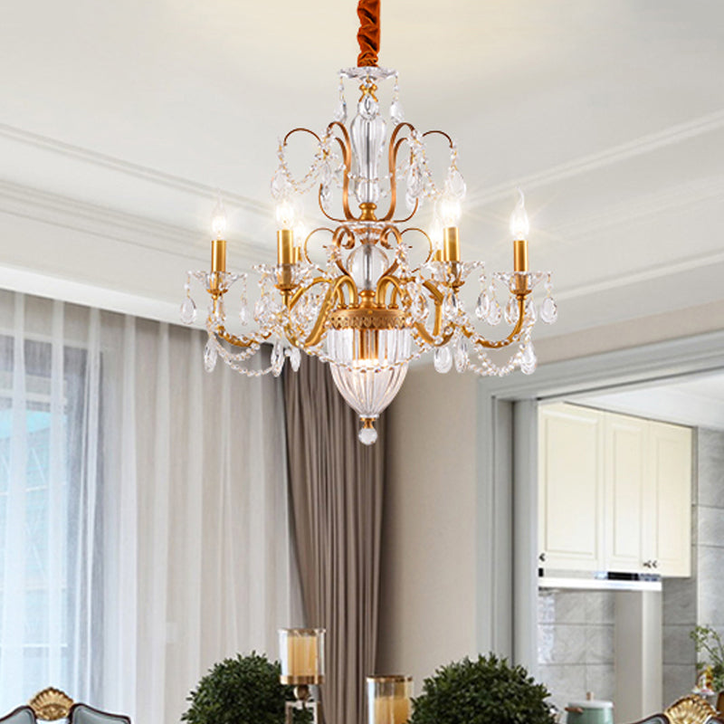 Gold Candlestick Hanging Chandelier Rural Crystal 6/8 Lights Bedroom Suspension Lighting Clearhalo 'Ceiling Lights' 'Chandeliers' Lighting' options 337395