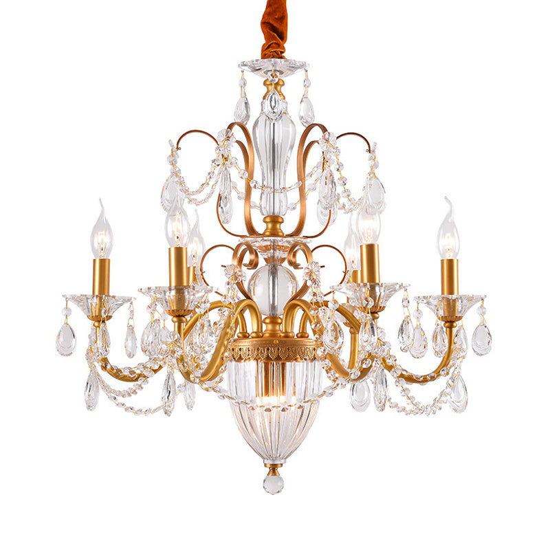 Gold Candlestick Hanging Chandelier Rural Crystal 6/8 Lights Bedroom Suspension Lighting Clearhalo 'Ceiling Lights' 'Chandeliers' Lighting' options 337396