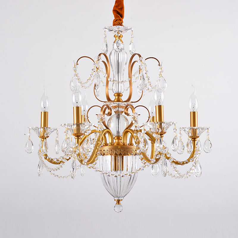 Gold Candlestick Hanging Chandelier Rural Crystal 6/8 Lights Bedroom Suspension Lighting Clearhalo 'Ceiling Lights' 'Chandeliers' Lighting' options 337397