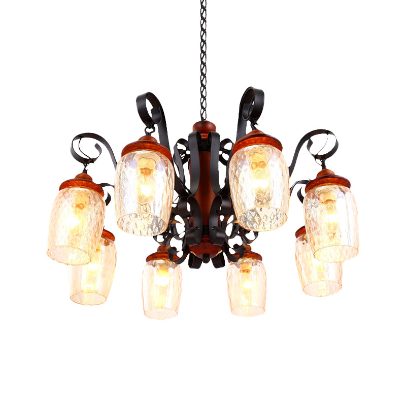 8 Lights Dimple Glass Chandelier Antiqued Black Curved Arm Living Room Ceiling Pendant Light Clearhalo 'Ceiling Lights' 'Chandeliers' 'Glass shade' 'Glass' 'Industrial Chandeliers' 'Industrial' 'Middle Century Chandeliers' 'Tiffany' Lighting' 337402