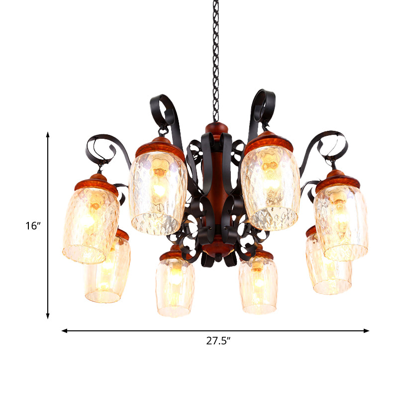 8 Lights Dimple Glass Chandelier Antiqued Black Curved Arm Living Room Ceiling Pendant Light Clearhalo 'Ceiling Lights' 'Chandeliers' 'Glass shade' 'Glass' 'Industrial Chandeliers' 'Industrial' 'Middle Century Chandeliers' 'Tiffany' Lighting' 337403